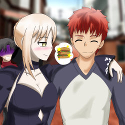 Rule 34 | 1boy, 2girls, absurdres, angry, artoria pendragon (fate), black camisole, black hair, black ribbon, blonde hair, blush, braid, breasts, camisole, cleavage, dark persona, dated, dating, dress, emiya shirou, fate/stay night, fate (series), french braid, frilled skirt, frills, highres, jealous, long hair, multiple girls, orange hair, raglan sleeves, ribbon, saber alter, sayuri-san, shaded face, skirt, sweater, tohsaka rin, two side up, wide sleeves, yellow eyes