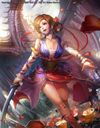 Rule 34 | :d, breasts, brown hair, day, detached sleeves, dragon, dress, earrings, emperors saga, fingernails, flower, hair ornament, highres, holding, holding sword, holding weapon, jewelry, large breasts, liduke, long sleeves, necklace, official art, open mouth, outdoors, purple dress, purple eyes, running, sash, short hair, smile, standing, sword, watermark, weapon