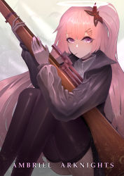 Rule 34 | 1girl, absurdres, ambriel (arknights), arknights, bielin, black thighhighs, character name, commentary, copyright name, feet out of frame, gloves, grey gloves, gun, hair ornament, hairclip, halo, highres, holding, holding gun, holding weapon, jacket, knees up, light particles, looking at viewer, one side up, pink hair, purple eyes, rifle, sitting, solo, thighhighs, thighs, weapon