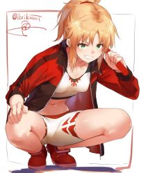Rule 34 | &gt;:d, 1girl, :d, blonde hair, breasts, fate/apocrypha, fate (series), full body, green eyes, grin, hand on own knee, highres, holding, isshiki (ffmania7), jacket, knees apart feet together, leaning forward, long hair, long sleeves, looking at viewer, mordred (fate), mordred (fate/apocrypha), navel, open clothes, open jacket, open mouth, parted bangs, ponytail, red footwear, red jacket, shoes, shorts, sidelocks, signature, sketch, small breasts, smile, solo, stomach, teeth, twitter username, unzipped, v-shaped eyebrows, white background, white shorts