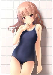 Rule 34 | 1girl, against wall, black one-piece swimsuit, blunt bangs, brown eyes, brown hair, competition school swimsuit, flat chest, gluteal fold, hand on own chin, highres, looking at viewer, one-piece swimsuit, original, school swimsuit, shibacha, solo, swimsuit, thigh gap, tile wall, tiles, wavy hair