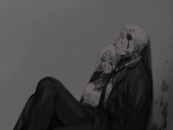 Rule 34 | 1boy, 1girl, against wall, bleeding, blood, blood from mouth, blood on clothes, blood on face, blood splatter, breasts, cleavage, collared shirt, dorohedoro, dying, empty eyes, formal, greyscale, highres, injury, jacket, jewelry, ki (mxxxx), knee up, large breasts, leaning on person, leaning to the side, long hair, long sleeves, looking away, monochrome, necklace, necktie, noi (dorohedoro), pants, parted lips, profile, shin (dorohedoro), shirt, short hair, simple background, sitting, suit
