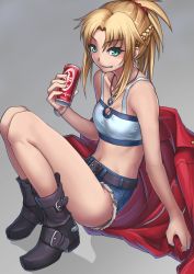 Rule 34 | 1girl, belt, belt buckle, black belt, black footwear, blonde hair, blue shorts, blush, boots, braid, breasts, buckle, can, cleavage, collarbone, crown braid, denim, denim shorts, fate/apocrypha, fate (series), green eyes, grey background, grin, hair between eyes, hair intakes, hair ornament, hair scrunchie, holding, holding can, jacket, unworn jacket, jewelry, long hair, medium breasts, midriff, mordred (fate), mordred (fate/apocrypha), mordred (memories at trifas) (fate), navel, necklace, ponytail, purutoppu (toranohige), red jacket, red scrunchie, scrunchie, short shorts, shorts, sidelocks, simple background, sitting, smile, solo, stomach, torn clothes, torn shorts