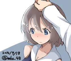 Rule 34 | &gt;:(, 10s, 1girl, 2014, bare shoulders, blue eyes, blush, breasts, brown eyes, brown hair, cleavage, dated, frown, hair ornament, hand on another&#039;s head, kantai collection, maya (kancolle), medium breasts, mku, sailor collar, twitter username, upper body, v-shaped eyebrows