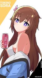 Rule 34 | 1girl, bare shoulders, bikini, blue eyes, brand name imitation, breasts, brown hair, can, closed mouth, coat, coca-cola, drink can, from side, hair between eyes, hair ornament, highres, holding, holding can, hololive, iffyru, logo parody, long hair, looking at viewer, sideboob, simple background, soda can, solo, strap gap, swimsuit, tokino sora, twitter username, virtual youtuber