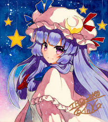Rule 34 | 1girl, :d, bad id, bad pixiv id, blue background, blue bow, blunt bangs, bow, crescent, crescent hat ornament, dress, from side, hair bow, hat, hat ornament, long hair, looking at viewer, looking to the side, mob cap, open mouth, patchouli knowledge, pink dress, pink hat, purple eyes, purple hair, qqqrinkappp, red bow, shikishi, signature, smile, solo, star (symbol), touhou, traditional media, upper body
