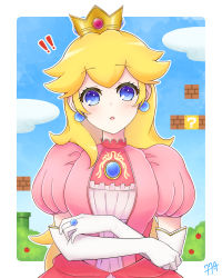 Rule 34 | !, !!, 1girl, 774nanashi, ? block, absurdres, blonde hair, blue eyes, border, breasts, crossed arms, crown, dress, earrings, elbow gloves, food, fruit, gem, gloves, highres, jewelry, light blush, looking at viewer, mario (series), medium breasts, mini crown, nintendo, outdoors, parted lips, pink dress, princess peach, puffy short sleeves, puffy sleeves, ring, short sleeves, signature, solo, super mario bros. 1, upper body, warp pipe, white gloves