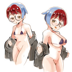 Rule 34 | 1girl, :d, :o, alternate breast size, bare shoulders, bikini, bikini top only, blue hair, bottomless, breasts, brown eyes, closed mouth, collarbone, creatures (company), game freak, grey jacket, highres, jacket, large breasts, light blue hair, long sleeves, multicolored hair, multiple girls, navel, nintendo, no pussy, open clothes, open jacket, open mouth, penny (pokemon), pokemon, pokemon sv, purple bikini, red hair, robojanai, round eyewear, short hair, sideboob, simple background, small breasts, smile, swimsuit, thighs, two-tone hair, underboob, very short hair, white background