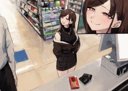Rule 34 | 1boy, 1girl, absurdres, brown hair, buying condoms, cash register, commentary request, condom, convenience store, food, hair down, highres, idolmaster, idolmaster shiny colors, jewelry, kankarka, looking at another, multiple views, necklace, off shoulder, pocky, red eyes, shop, sleeveless, sleeveless sweater, sonoda chiyoko, sweater, turtleneck, turtleneck sweater