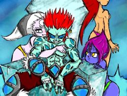 Rule 34 | 1boy, 3girls, anger vein, blue skin, colored skin, diana (league of legends), evelynn (league of legends), evelynn (old), grin, jealous, katarina (league of legends), lavender skin, league of legends, multiple girls, purple hair, red hair, sitting, smile, tagme, topless, trundle, white hair, yellow eyes