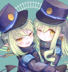 Rule 34 | 2girls, black hat, black jacket, black tail, blue archive, blush, demon tail, earrings, fang, green hair, hat, heart, highres, hikari (blue archive), jacket, jewelry, long hair, long sleeves, looking at viewer, multiple girls, nagomibako (nagomi-99), nozomi (blue archive), one eye closed, open mouth, parted lips, peaked cap, pointy ears, siblings, sisters, skin fang, smile, tail, twins, yellow eyes