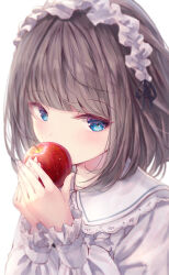 Rule 34 | apple, blue eyes, blunt bangs, blurry, blurry foreground, blush, brown hair, close-up, collared shirt, commentary request, covering own mouth, food, frilled sleeves, frills, fruit, hairband, highres, holding, holding food, holding fruit, lolita hairband, long sleeves, looking at viewer, missile228, original, shirt, short hair, simple background, solo, upper body, white background, white shirt