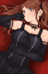 Rule 34 | 1girl, amagami, black choker, black dress, black gloves, black ribbon, blush, breasts, brown eyes, brown hair, choker, commentary request, dress, elbow gloves, gloves, hair ribbon, hand up, lace, lace choker, large breasts, looking at viewer, lying, nakata sae, on back, parted lips, ribbon, shouji nigou, solo, twintails, upper body