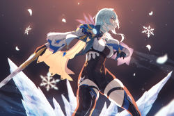 Rule 34 | 1girl, absurdres, black background, black leotard, black thighhighs, blue hair, blurry, cape, commentary request, depth of field, eula (genshin impact), fighting stance, genshin impact, hair between eyes, hairband, highres, holding, holding sword, holding weapon, huge filesize, ice, leotard, long hair, long sleeves, necktie, sidelocks, skimun, snowflakes, solo, sword, thighhighs, two-tone gloves, vision (genshin impact), weapon, yellow eyes, zettai ryouiki
