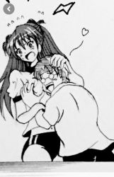 Rule 34 | 1boy, 1girl, aida kensuke, angry, between breasts, blush, grabbing another&#039;s breast, breasts, face between breasts, glasses, grabbing, grin, gym shorts, gym uniform, hair ornament, hairclip, hand on head, head between breasts, heart, long hair, navel, neon genesis evangelion, open mouth, school uniform, sexually suggestive, shorts, smile, souryuu asuka langley, standing, sweat