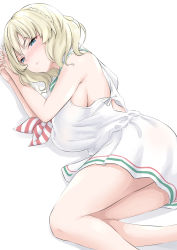 Rule 34 | 1girl, blonde hair, blue eyes, blush, breasts, closed mouth, colorado (kancolle), cosplay, dress, highres, kantai collection, large breasts, lying, neckerchief, on side, sailor collar, sailor dress, short hair, sideboob, simple background, sleeveless, sleeveless dress, solo, striped neckerchief, striped neckwear, takomeshi, white background, white dress