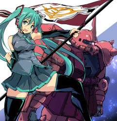 Rule 34 | 1girl, aqua eyes, aqua hair, bare shoulders, black footwear, black skirt, black thighhighs, blue neckwear, boots, clenched hand, commentary request, crossover, detached sleeves, flag, grey shirt, gundam, hair ornament, hand up, hatsune miku, headset, holding, holding flag, kamisimo 90, long hair, necktie, number tattoo, open mouth, pleated skirt, shirt, shoulder tattoo, skirt, sleeveless, sleeveless shirt, standing, tattoo, thigh boots, thighhighs, thighs, twintails, vocaloid, zaku ii s char custom