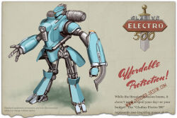 Rule 34 | 1950s (style), arm blade, commentary, concept art, english commentary, english text, fake ad, gladius electro 500, highres, humanoid robot, light, logo, machinery, mecha, mike doscher, no humans, one-eyed, original, realistic, retro artstyle, robot, science fiction, signature, solo, sword, watermark, weapon, web address