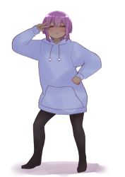 Rule 34 | 1girl, :3, = =, arm up, black pantyhose, blue hoodie, blush, closed eyes, closed mouth, colored shadow, dark skin, drawstring, facing viewer, fate/prototype, fate/prototype: fragments of blue and silver, fate (series), full body, hair between eyes, hand on own hip, hassan of serenity (fate), highres, hood, hood down, hoodie, i.u.y, long sleeves, no shoes, pantyhose, shadow, sleeves past wrists, solo, standing, v-shaped eyebrows, v over eye, white background