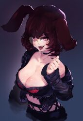 Rule 34 | 1girl, animal ears, black background, bra, breasts, cleavage, collarbone, dog ears, dog girl, fang, freckles, glasses, gradient background, highres, large breasts, long sleeves, looking at viewer, mocomori, open mouth, original, pink eyes, red bra, smile, solo, underwear