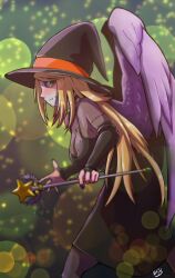 Rule 34 | 1girl, black dress, blonde hair, breasts, breath of fire, breath of fire ii, bridal gauntlets, cleavage, closed mouth, dress, feathered wings, green eyes, halloween, halloween costume, hat, hi-3, highres, long hair, looking at viewer, nail polish, nina (breath of fire ii), purple wings, solo, wand, wings, witch hat