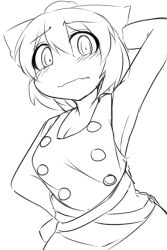 Rule 34 | 1girl, adapted costume, arm behind head, arm up, armpits, blush, bow, breasts, cleavage, dress, embarrassed, fun bo, greyscale, hair bow, hand on own hip, kurodani yamame, large breasts, monochrome, omake, short hair, sleeveless, sleeveless dress, solo, touhou