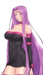 Rule 34 | 1girl, bare shoulders, black dress, breasts, cleavage, collar, collarbone, covered navel, cowboy shot, detached sleeves, dress, eyes visible through hair, facial mark, fate/stay night, fate (series), forehead mark, highres, hikichi sakuya, impossible clothes, impossible dress, large breasts, long hair, medusa (fate), medusa (rider) (fate), parted bangs, purple eyes, purple hair, simple background, smile, solo, square pupils, strapless, strapless dress, thighhighs, very long hair, white background