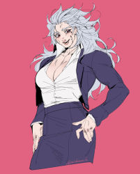 Rule 34 | 1girl, abs, breasts, dorohedoro, earrings, formal, highres, jewelry, large breasts, long hair, looking at viewer, miukumauk, muscular, muscular female, necktie, noi (dorohedoro), red eyes, simple background, smile, solo, suit, white hair