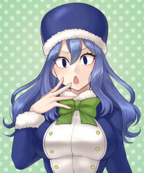 Rule 34 | 1girl, black eyes, blue hair, blue headwear, blush, bow, bowtie, breasts, commentary request, commission, fairy tail, fur-trimmed sleeves, fur trim, green background, green bow, green bowtie, hazuki (nyorosuke), highres, juvia lockser, large breasts, long hair, long sleeves, looking at viewer, open mouth, polka dot, polka dot background, solo, upper body