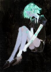 1other androgynous black_background black_footwear black_necktie black_shirt black_shorts crystal_hair expressionless fuyumurasaki gem_uniform_(houseki_no_kuni) green_eyes green_hair highres houseki_no_kuni necktie other_focus phosphophyllite shirt shoes short_hair shorts simple_background sitting solo