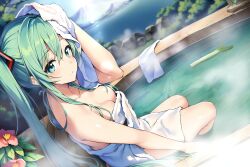 Rule 34 | 1girl, absurdres, bath, bathing, green eyes, green hair, hatsune miku, highres, naked towel, nanashi321, onsen, partially submerged, sitting, solo, towel, vocaloid, water
