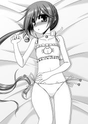 Rule 34 | 10s, 1girl, akebono (kancolle), alternate costume, bed sheet, bell, neck bell, blush, cat cutout, cat lingerie, choker, cleavage cutout, clothing cutout, collarbone, flower, gluteal fold, greyscale, hair bell, hair flower, hair ornament, jingle bell, kantai collection, kiryuu makoto, long hair, looking at viewer, lying, meme attire, monochrome, navel, on back, on bed, panties, side-tie panties, side ponytail, solo, underwear, underwear only, very long hair