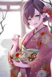 Rule 34 | 1girl, :d, blurry, blurry background, brown hair, chinese zodiac, commentary request, floral print, hair behind ear, highres, holding, japanese clothes, kimono, open mouth, original, outdoors, overcast, pink kimono, sky, smile, solo, swept bangs, torii, torimarururu, upper body, wide sleeves, year of the rabbit
