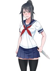 Rule 34 | 1girl, angry, ayano aishi, black eyes, black hair, black thighhighs, blouse, blue skirt, breasts, clenched hand, holding, holding knife, kjech, knife, medium breasts, neckerchief, official art, open mouth, pleated skirt, ponytail, sailor collar, school uniform, shirt, short sleeves, skirt, solo, thighhighs, transparent background, white shirt, yandere, yandere simulator, zettai ryouiki
