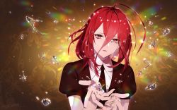 Rule 34 | 1other, ahoge, androgynous, breasts, cinnabar (houseki no kuni), commentary request, crying, crying with eyes open, crystal hair, gem uniform (houseki no kuni), hair between eyes, highres, houseki no kuni, kurono yuu, long bangs, looking at viewer, medium breasts, mercury (element), necktie, open mouth, red eyes, red hair, shirt, short sleeves, signature, solo, sparkle, tears