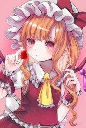 Rule 34 | 1girl, :o, ascot, back bow, blush, bow, commentary, crystal, expressionless, flandre scarlet, frilled ascot, frills, hat, hat ribbon, holding, jaku sono, looking at viewer, medium hair, mob cap, one side up, pointy ears, puffy short sleeves, puffy sleeves, red bow, red eyes, red ribbon, red skirt, red vest, ribbon, shirt, short sleeves, skirt, solo, symbol-only commentary, touhou, upper body, vest, white bow, white hat, white shirt, wings, wrist cuffs, yellow ascot