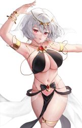 Rule 34 | 1girl, arm up, armlet, armpits, bangle, bare shoulders, bikini, black bikini, bracelet, breasts, brooch, circlet, cleavage, commission, cowboy shot, dancer, highres, jewelry, large breasts, looking at viewer, navel, no panties, open mouth, original, pelvic curtain, pubic tattoo, red eyes, short hair, solo, standing, stomach, sweat, swimsuit, tattoo, thighlet, thighs, veil, white hair, y.i. (lave2217)