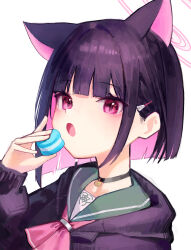 Rule 34 | 1girl, :o, absurdres, animal ears, black cardigan, black choker, black hair, blue archive, blunt bangs, cardigan, cat ears, choker, colored inner hair, food, green sailor collar, halo, highres, holding, holding food, kazusa (blue archive), long sleeves, looking at viewer, macaron, multicolored hair, neckerchief, open mouth, pink eyes, pink hair, portrait, red neckerchief, sailor collar, school uniform, serafuku, short hair, sidelocks, simple background, solo, two-tone hair, white background, yoon cook