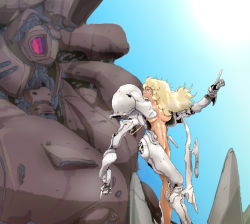 Rule 34 | 1girl, abs, armor, battle damage, blonde hair, blue sky, breasts, breasts apart, cyberpunk, dragon&#039;s heaven, hair censor, ikuuru, looking at another, looking back, machinery, mecha, medium breasts, moebius (style), no bra, no panties, nude, oekaki, official style, outdoors, partially undressed, pointing, pointing up, power armor, power suit, raia (raia morgue), robot, science fiction, shaian (robot), sketch, skinny, sky, sun, sunlight, toned, undressing, upper body