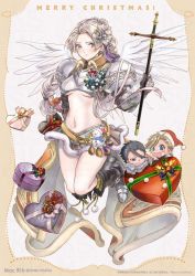 Rule 34 | 1girl, 2boys, armor, box, breasts, chris lightfellow, closed mouth, earrings, gensou suikoden, gensou suikoden iii, gloves, highres, jewelry, long hair, looking at viewer, multiple boys, navel, open mouth, percival fraulein, silver hair, smile, weapon, wings