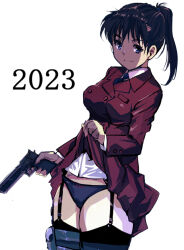 Rule 34 | 1girl, 2023, black panties, black thighhighs, brown hair, clothes lift, commentary request, garter belt, garter straps, gun, hair ornament, high ponytail, holding, holding gun, holding weapon, holster, jacket, kamisimo 90, long sleeves, looking at viewer, original, panties, pleated skirt, ponytail, ponytail girl (kamisimo 90), purple eyes, red jacket, red skirt, shirt, skirt, skirt lift, smile, solo, standing, thigh holster, thighhighs, underwear, weapon, white background, white shirt