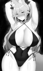 Rule 34 | 1girl, absurdres, animal ear fluff, animal ears, arind yudha, armpits, bare shoulders, blush, breasts, cleavage, collarbone, fate/grand order, fate (series), fox ears, fox girl, fox tail, greyscale, hair between eyes, highres, koyanskaya (fate), large breasts, long hair, looking at viewer, monochrome, sidelocks, solo, swimsuit, tail, tamamo (fate), thighs