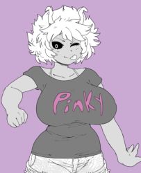 Rule 34 | 10s, 1girl, ;p, alternate breast size, ashido mina, black sclera, blush, boku no hero academia, bra strap, breasts, casual, cibastion, colored sclera, denim, denim shorts, greyscale, greyscale with colored background, horns, large breasts, looking at viewer, monochrome, one eye closed, purple background, short hair, short sleeves, shorts, simple background, solo, tongue, tongue out