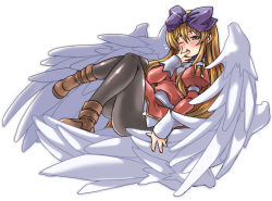 Rule 34 | 1girl, ;o, ankle boots, aruma (shinrabanshou), black pantyhose, blonde hair, blue eyes, blush, boots, bow, brown footwear, feathered wings, full body, hair bow, hand to own mouth, ichimai ugou, juliet sleeves, knees together feet apart, long hair, long sleeves, one eye closed, open mouth, pantyhose, puffy sleeves, purple bow, shinrabanshou, simple background, solo, white background, white wings, wings