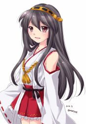 Rule 34 | 10s, 1girl, bad id, bad pixiv id, black hair, brown eyes, detached sleeves, hairband, haruna (kancolle), japanese clothes, kantai collection, looking at viewer, mitsu masaya, nontraditional miko, open mouth, solo, wide sleeves
