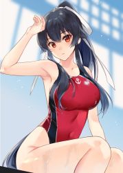Rule 34 | 1girl, anchor symbol, armpits, bare arms, bare legs, bare shoulders, black hair, blush, breasts, collarbone, competition swimsuit, hair between eyes, ichinomiya (blantte), kantai collection, large breasts, long hair, one-piece swimsuit, parted lips, ponytail, red eyes, red one-piece swimsuit, sitting, solo, swimsuit, very long hair, yahagi (kancolle)