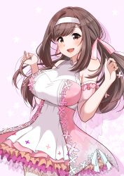 Rule 34 | 1girl, absurdres, alstroemeria (idolmaster), alternate costume, bare shoulders, blush, bow, breasts, brown eyes, brown hair, detached sleeves, dress, floral background, haibarasaika, hair bow, hair ribbon, hands up, highres, idolmaster, idolmaster shiny colors, lace trim, large breasts, layered dress, long hair, looking at viewer, low twintails, open mouth, pink dress, ribbon, see-through, see-through sleeves, simple background, smile, solo, swept bangs, tsukioka kogane, twintails, white ribbon