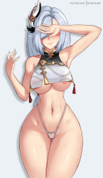 Rule 34 | 1girl, absurdres, aqua nails, areola slip, armpits, bare arms, bare shoulders, blush, breast curtains, breasts, cleft of venus, closed mouth, commentary, covering own eyes, english commentary, forehead, genshin impact, gold trim, grey hair, hair ornament, hand up, highleg, highleg panties, highres, hioyami, large breasts, long hair, nail polish, navel, panties, patreon username, pussy, see-through, shadow, shenhe (genshin impact), simple background, solo, string panties, sweat, tassel, thigh gap, thighs, underboob, underwear, wet, white background, white panties, ||/