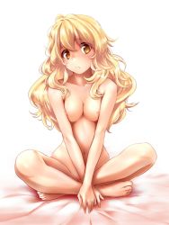 Rule 34 | 1girl, :&lt;, barefoot, bed sheet, blonde hair, breasts, breasts squeezed together, collarbone, completely nude, covering privates, covering crotch, face, feet, female focus, indian style, k2isu, kirisame marisa, long hair, messy hair, navel, nipples, no headwear, nude, nude cover, sitting, solo, touhou, v arms, wavy hair, yellow eyes