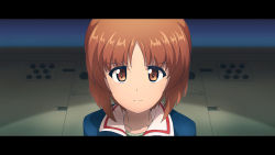 Rule 34 | 1girl, 9s0ykoyama117, absurdres, blue jacket, brown eyes, brown hair, closed mouth, commentary, frown, girls und panzer, highres, jacket, letterboxed, looking at viewer, military, military uniform, neon genesis evangelion, nishizumi miho, ooarai military uniform, short hair, solo, uniform